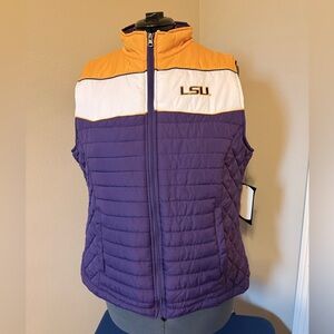 LSU Ladies Purple, Gold & White Quilted Vest - Lined w/embroidered lettering.